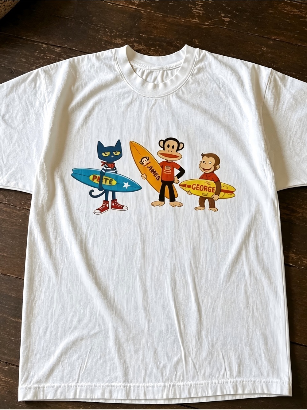 Retro Surf Pete The Cat Curious George Cartoon White Graphic T-shirt Unisex